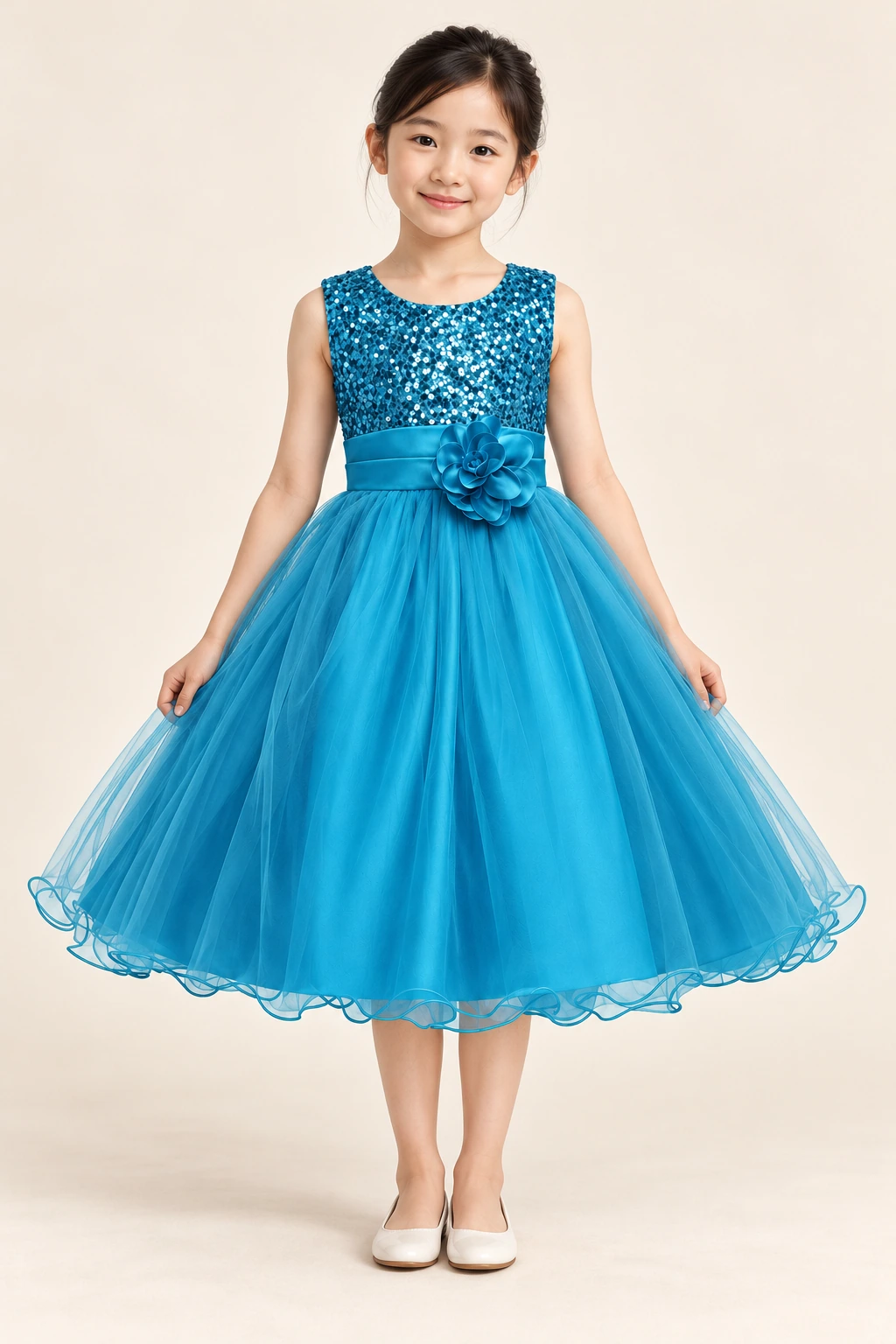 Robe demoiselle d’honneur fillette Océane, bleu canard : robe portée par une fillette