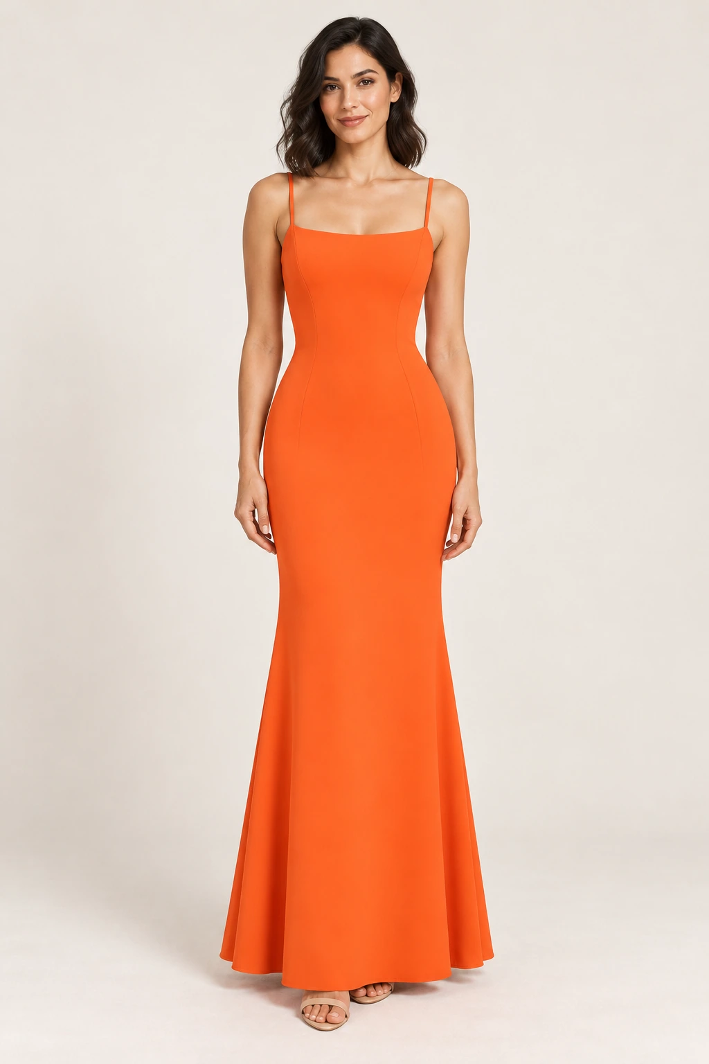 Robe demoiselle d’honneur orange Clémentine, orange vif : robe portée par une femme adulte