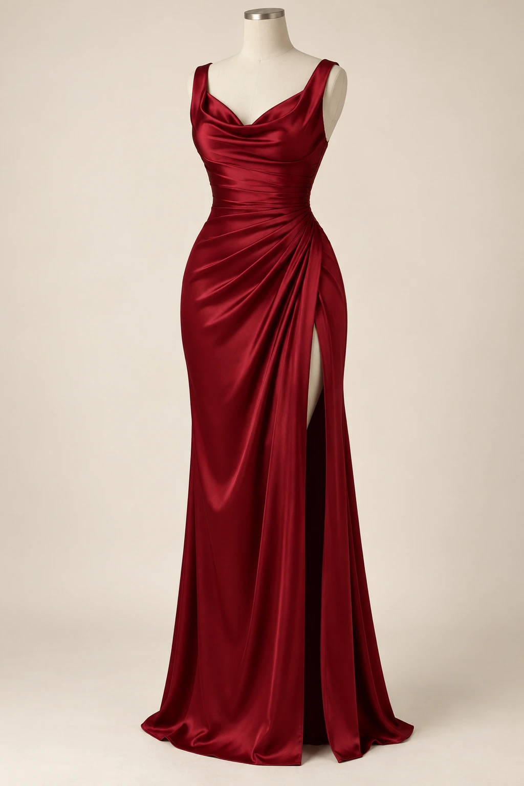 Robe demoiselle d’honneur satin Grenat, bordeaux profond : vue de trois quarts