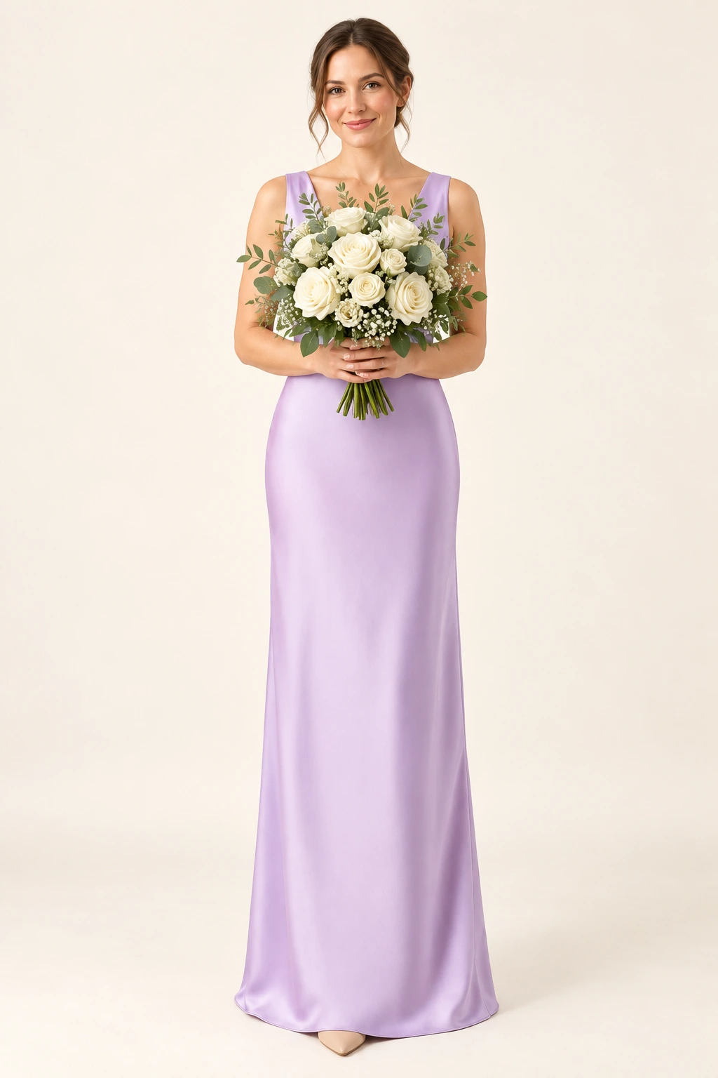 Robe demoiselle d’honneur satin Lilas, lilas clair : robe portée par une femme adulte