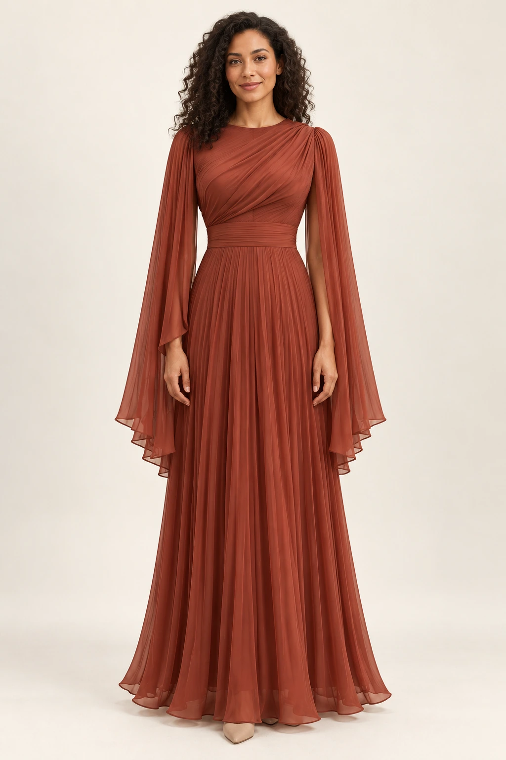 Robe demoiselle d’honneur terracotta Argile, brun brique : robe portée par une femme adulte