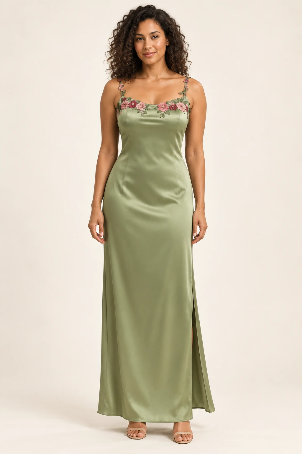 Robe demoiselle d’honneur vert sauge Flore, vert sauge nuancé : robe portée par une femme adulte