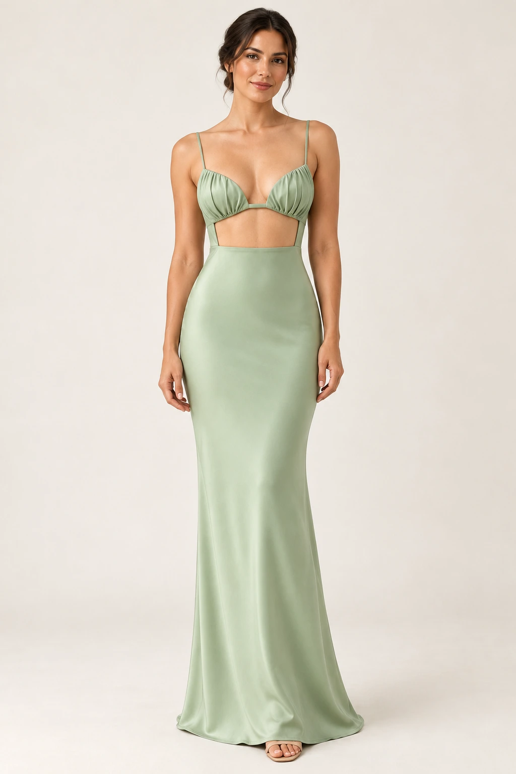 Robe demoiselle d’honneur vert sauge Amande, vert sauge clair : robe portée par une femme adulte
